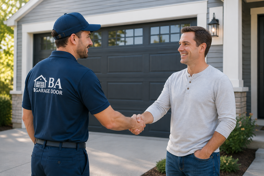 BA Garage Door technician speaking with a homeowner about garage door service in Delaware