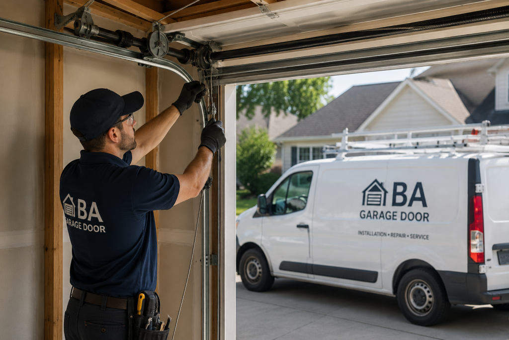 Garage door technician repairing a broken cable in Delaware