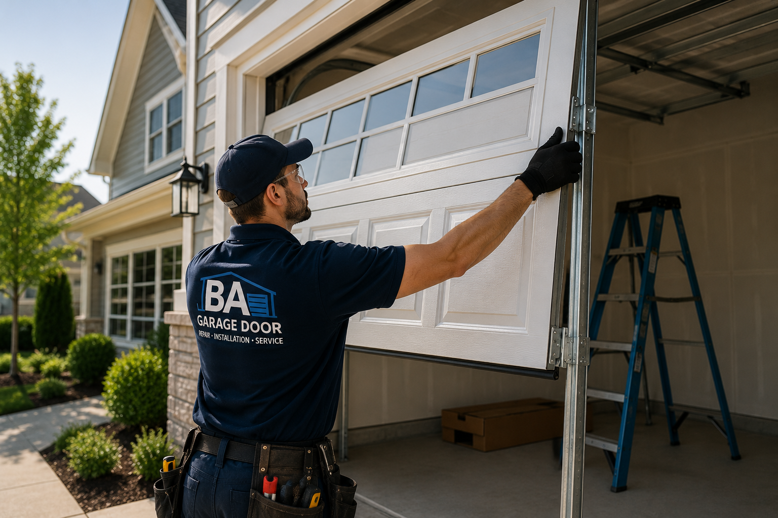 Garage door technician installing a new residential garage door in Delaware