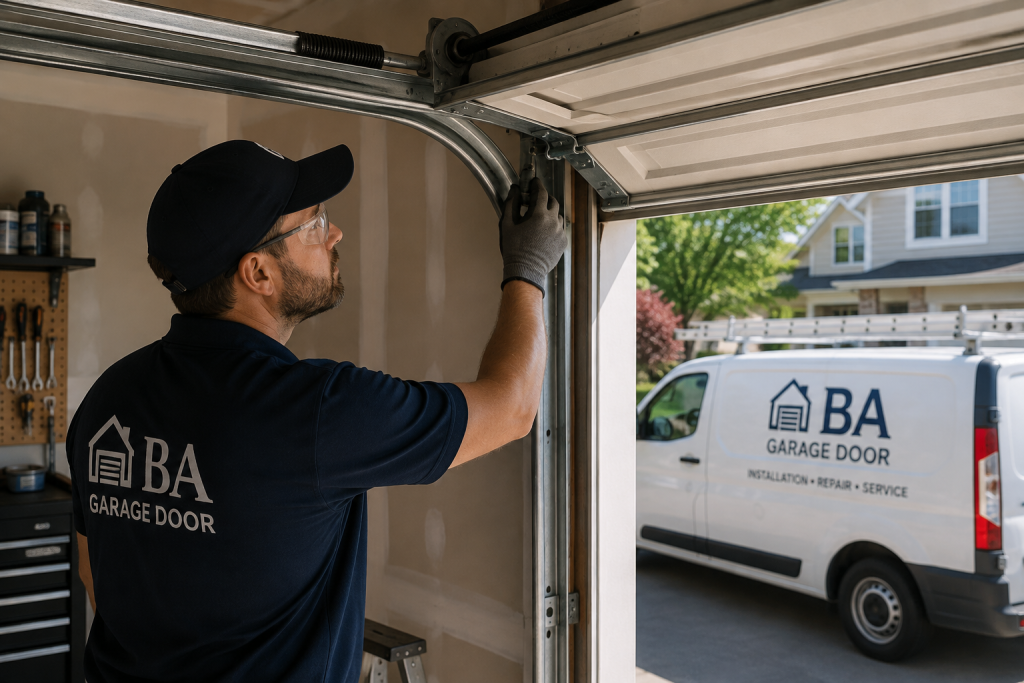 BA Garage Door technician performing garage door maintenance in Delaware