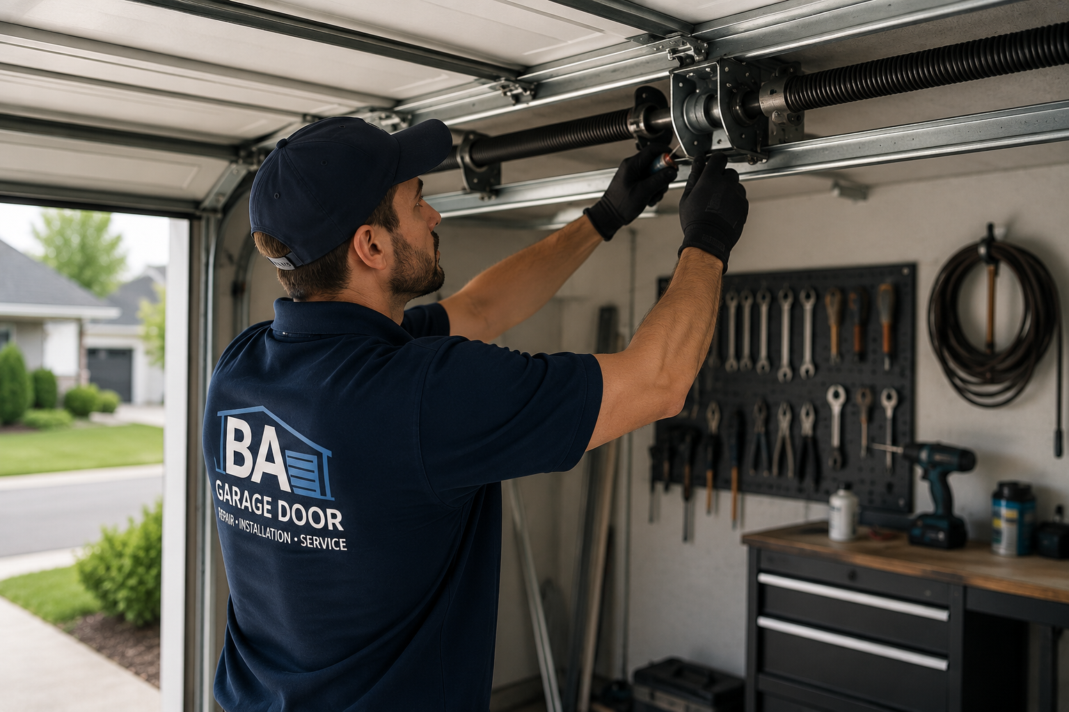 Garage door technician performing maintenance on a residential garage door in Delaware