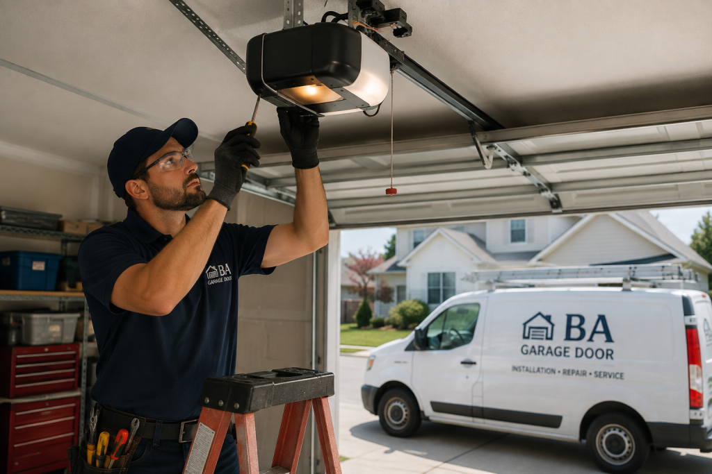 Garage door technician repairing a garage door opener in Delaware