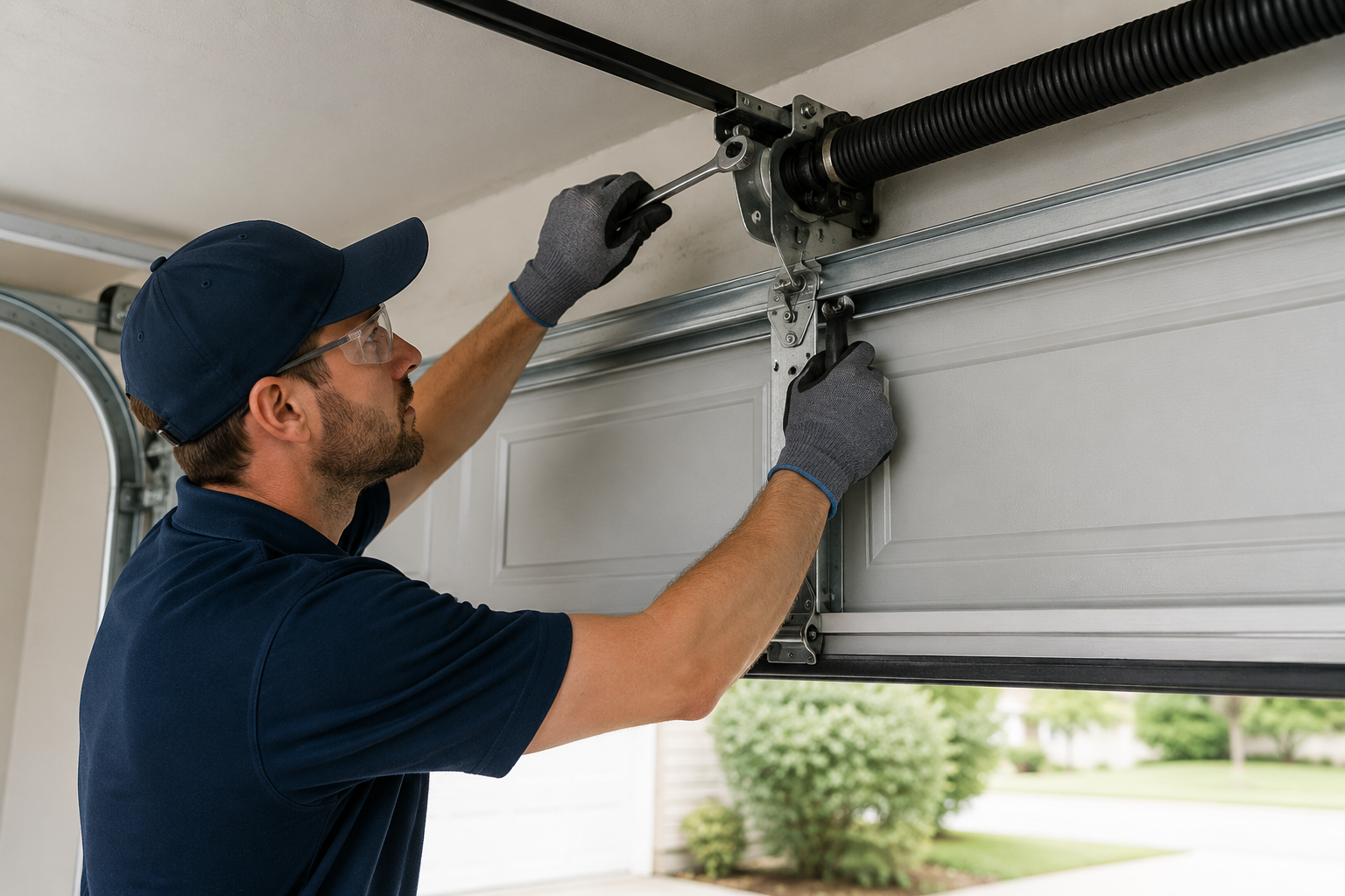 Garage door repair technician servicing a residential garage door in Delaware