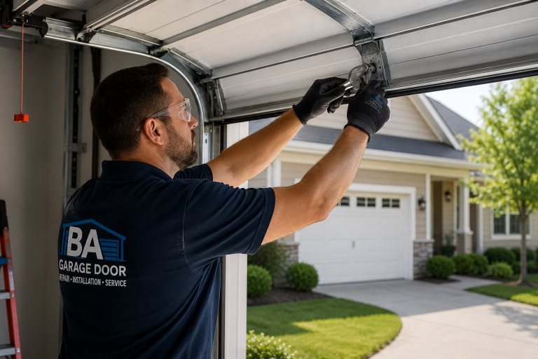 BA Garage Door technician repairing a residential garage door in Delaware
