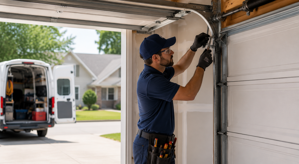 Professional garage door technician repairing a residential garage door in Delaware
