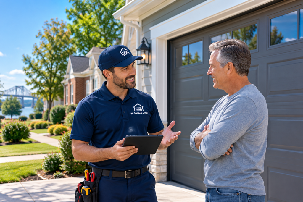 BA Garage Door technician assisting a customer in New Castle, DE